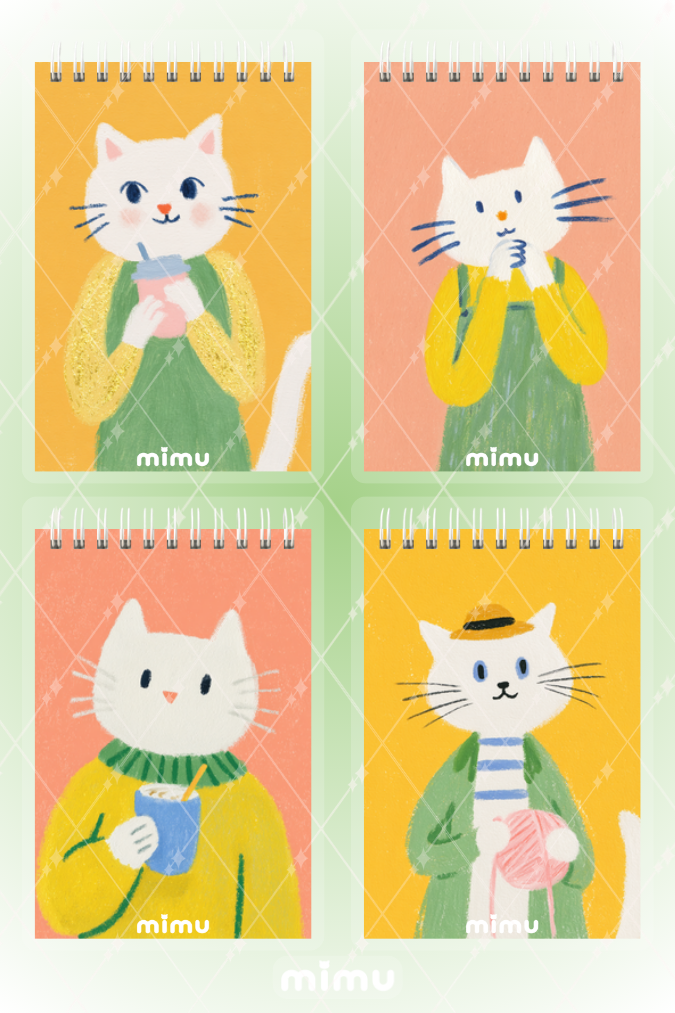 Kedili Defter Seti İllüstrasyonlu 4lü Spiralli Çizgisiz Notebook Pastel Kedi Temalı