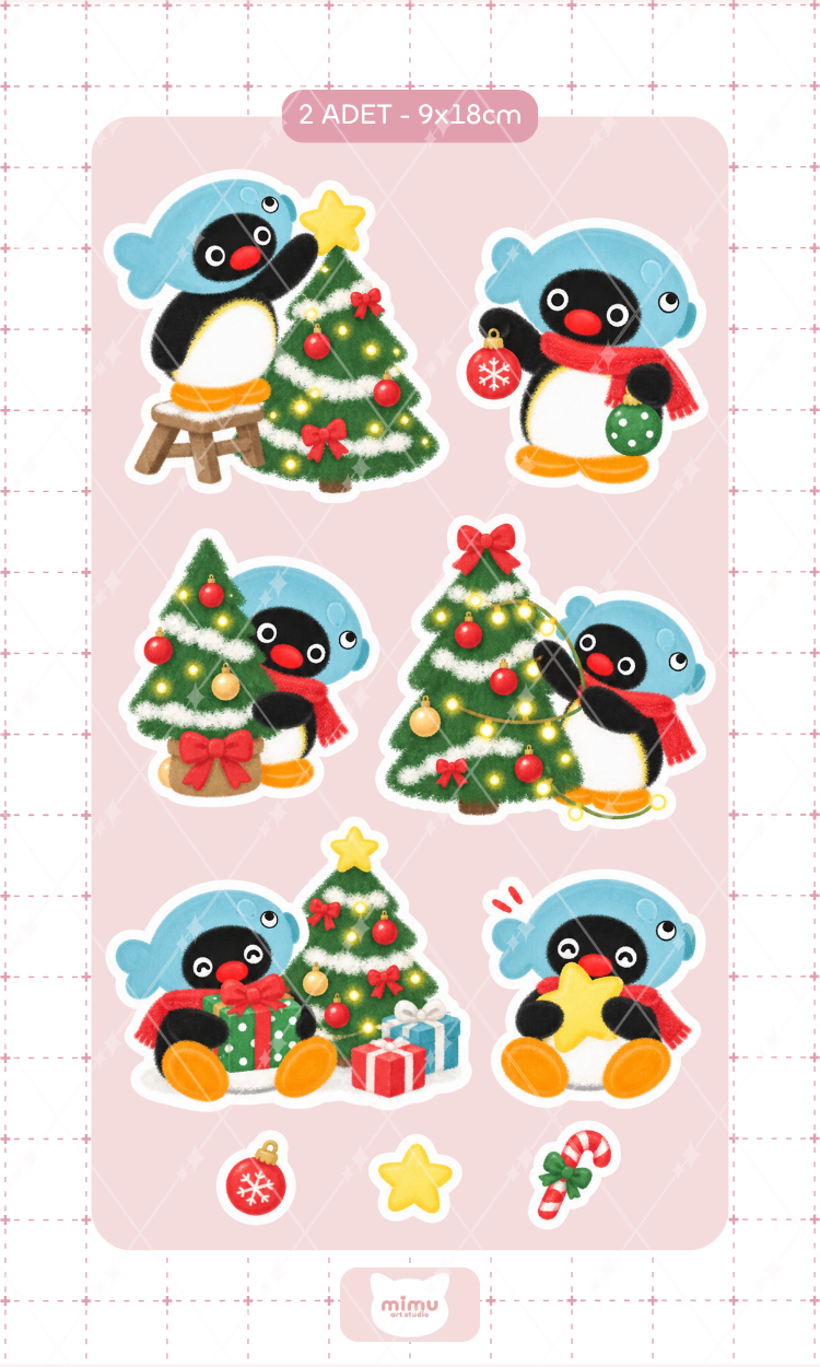 Pingu Yılbaşı Ağacı Sticker Seti Noel Ağacı Temalı Penguen Dekoratif Etiket 2 Adet