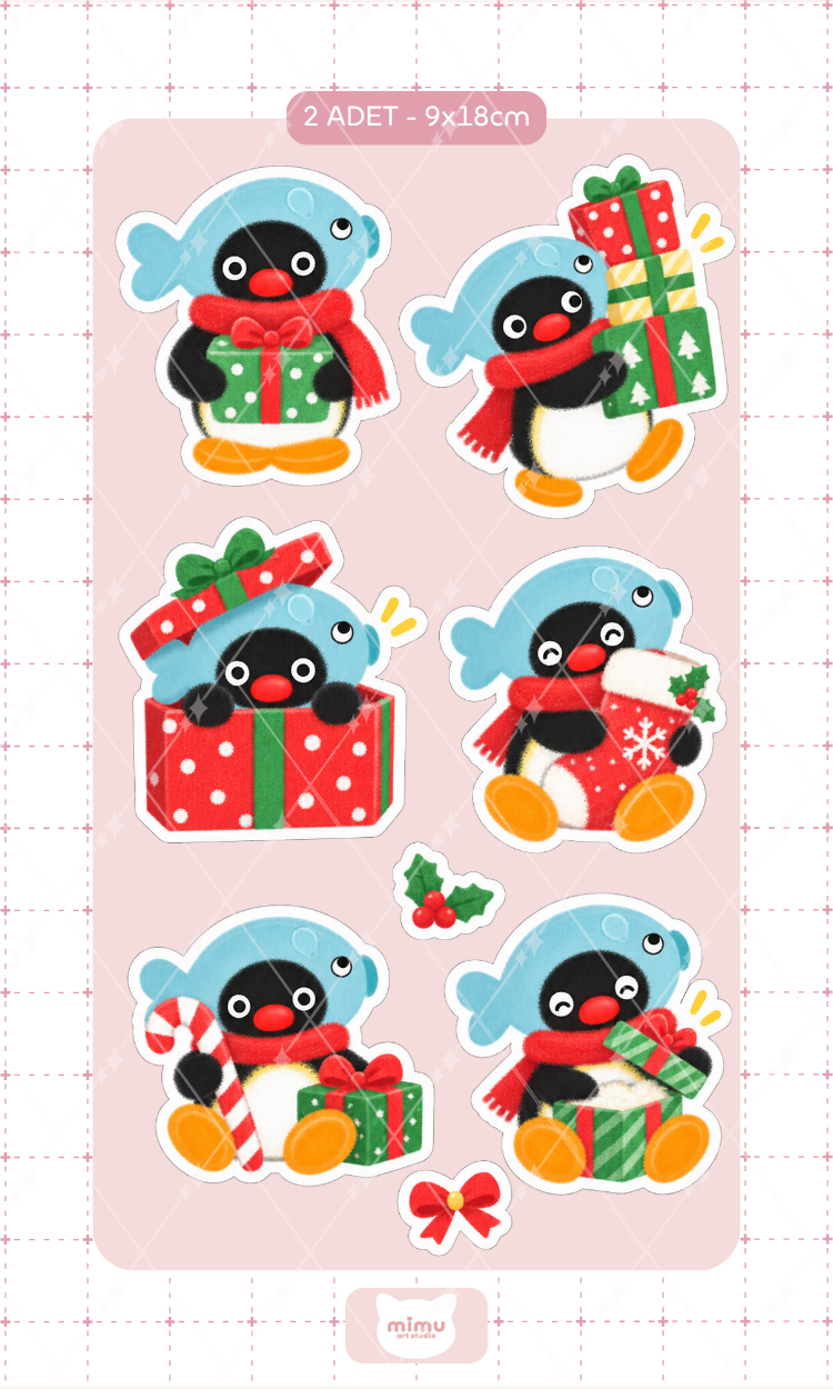 Pingu Yılbaşı Hediyeleri Sticker Seti Hediye Paketi Temalı Penguen Dekoratif Etiket 2 Adet