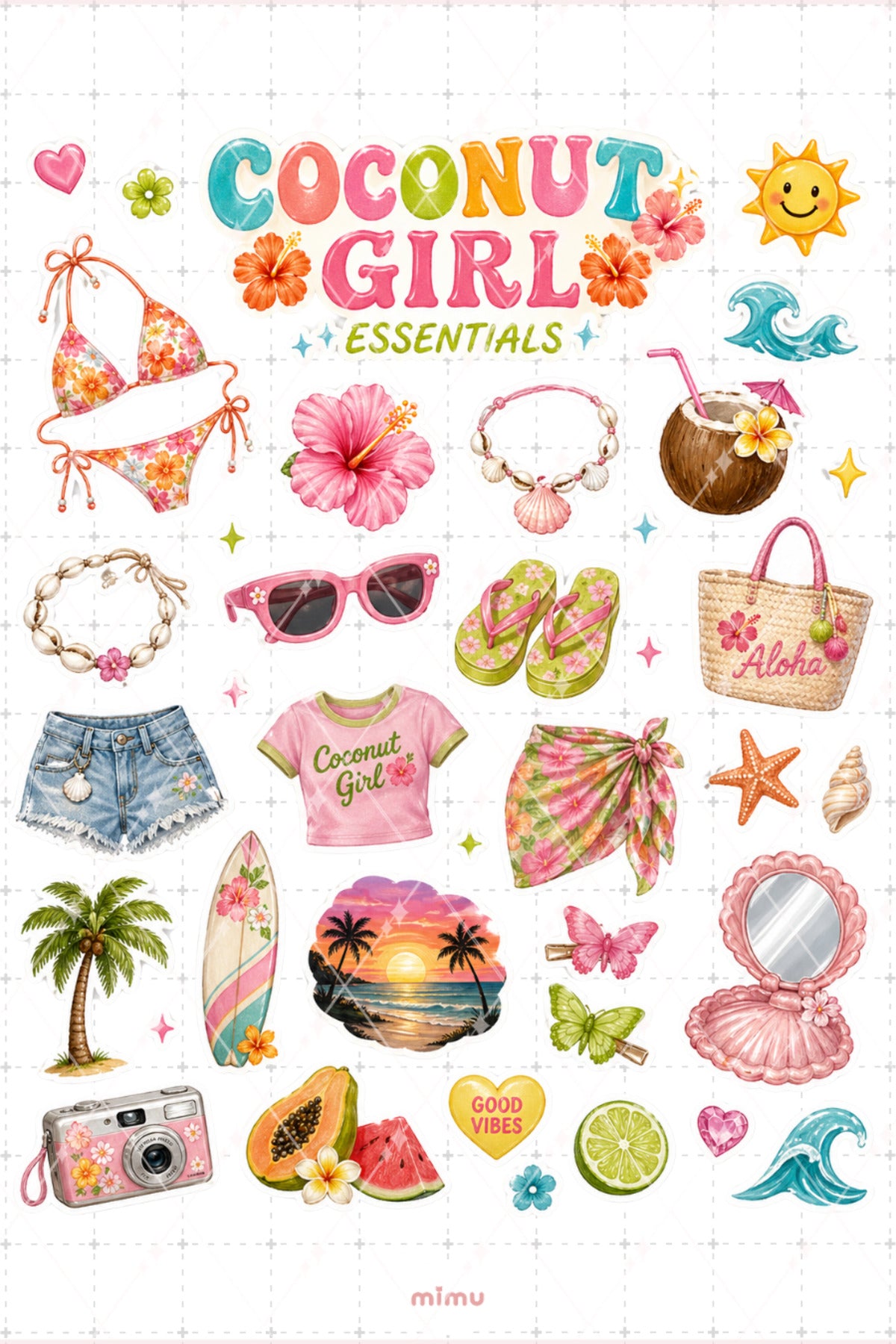 Coconut Girl Essentials Sticker Seti Tropikal Yaz Plaj Estetiği 2li Etiket