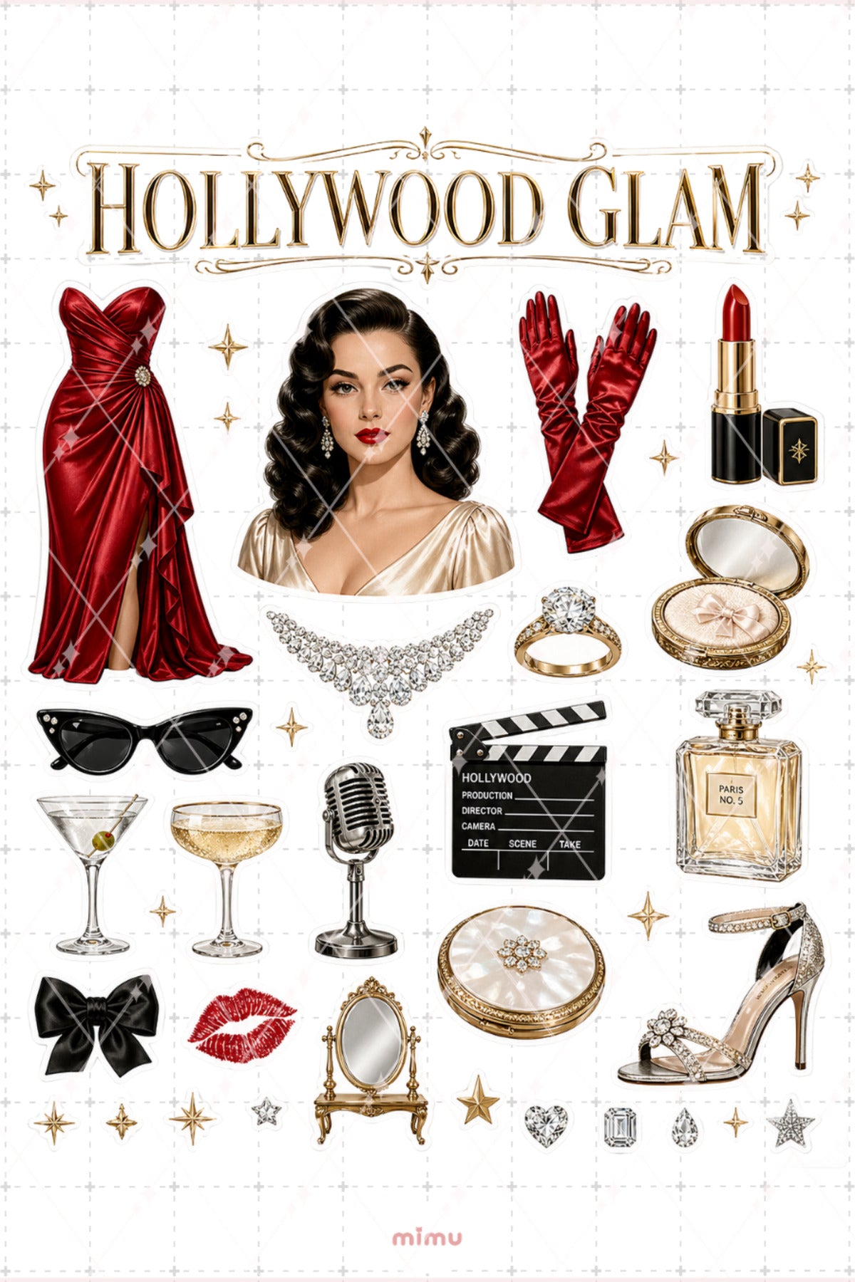 Hollywood Glam Sticker Seti Kırmızı Altın Vintage Sinema Temalı 2li Etiket - 2