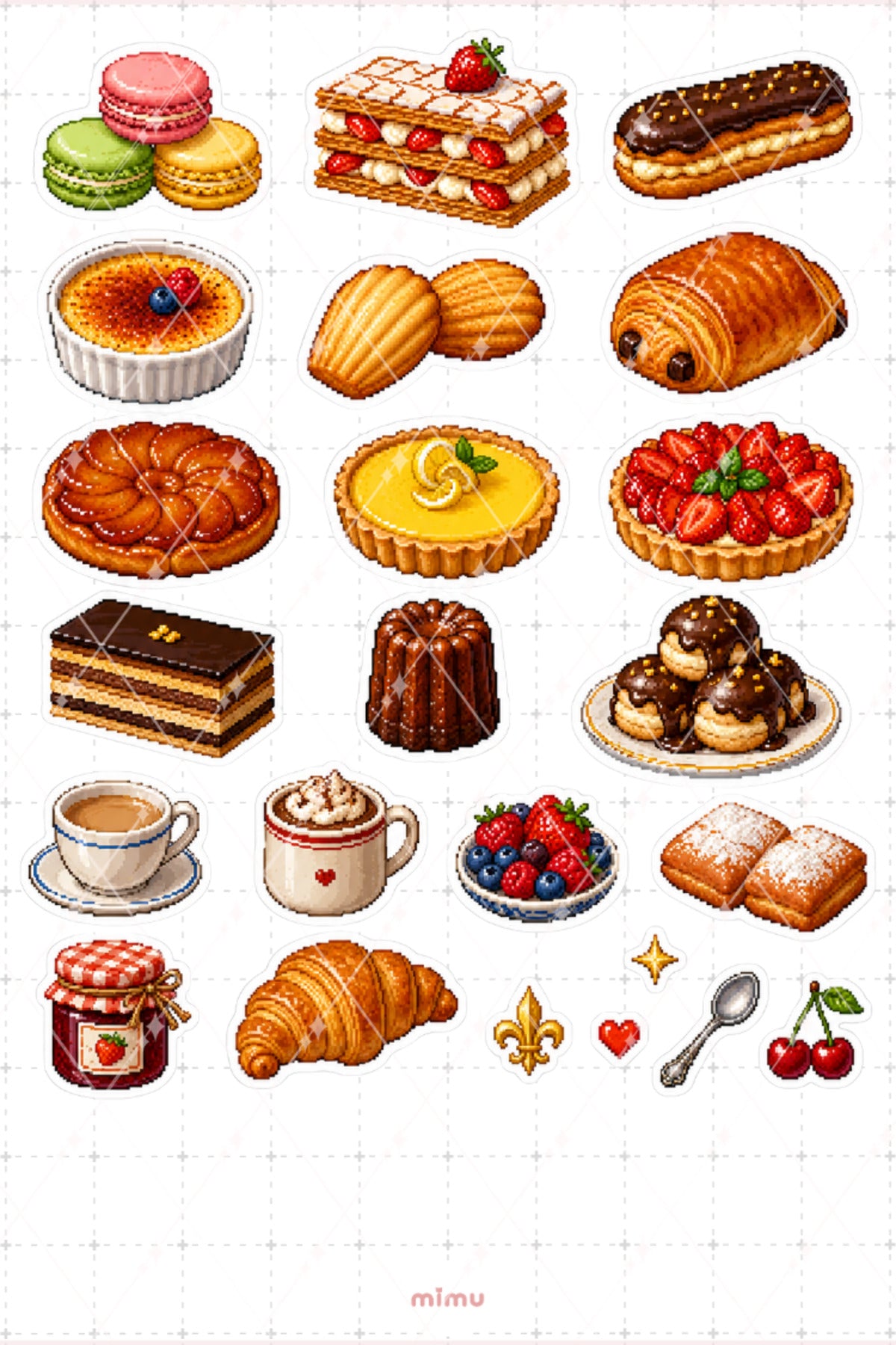 Pixel Art Fransız Mutfağı Sticker Seti Paris Yemek Temalı Dekoratif 2'li Etiket