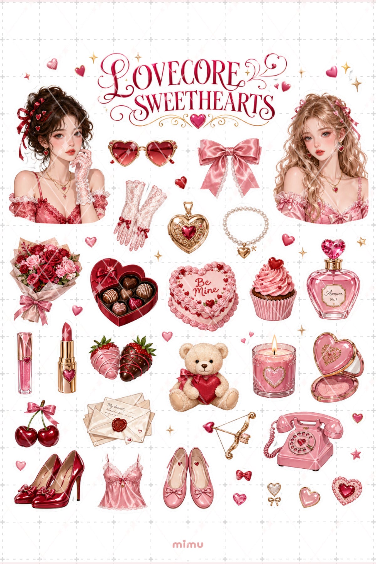 Lovecore Sweethearts Sticker Seti Romantik Pembe Kalp Kolaj Temalı 2li Etiket - 2