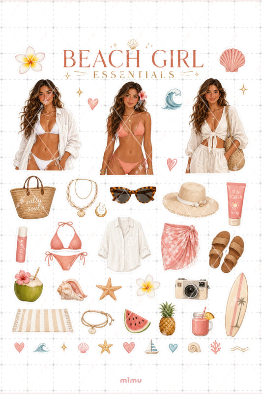 Beach Girl Essentials Sticker Seti Yazlık Plaj Estetiği Deniz Temalı 2li Etiket