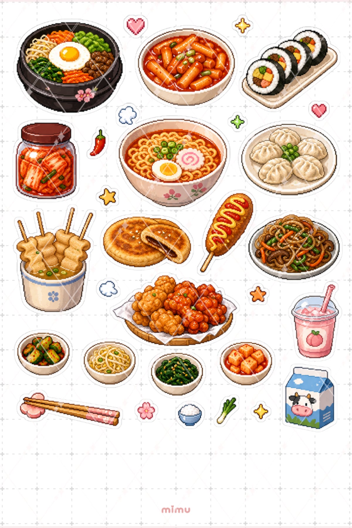 Pixel Art Kore Mutfağı Sticker Seti Asya Yemek Temalı Dekoratif 2'li Etiket