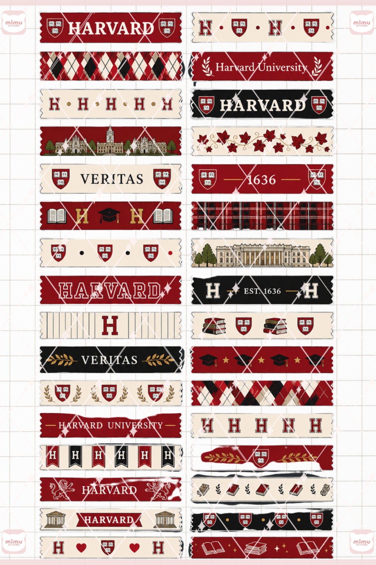 Harvard Temalı Washi Tape Seti Estetik Etiket Defter Günlük Scrapbook Süslemesi