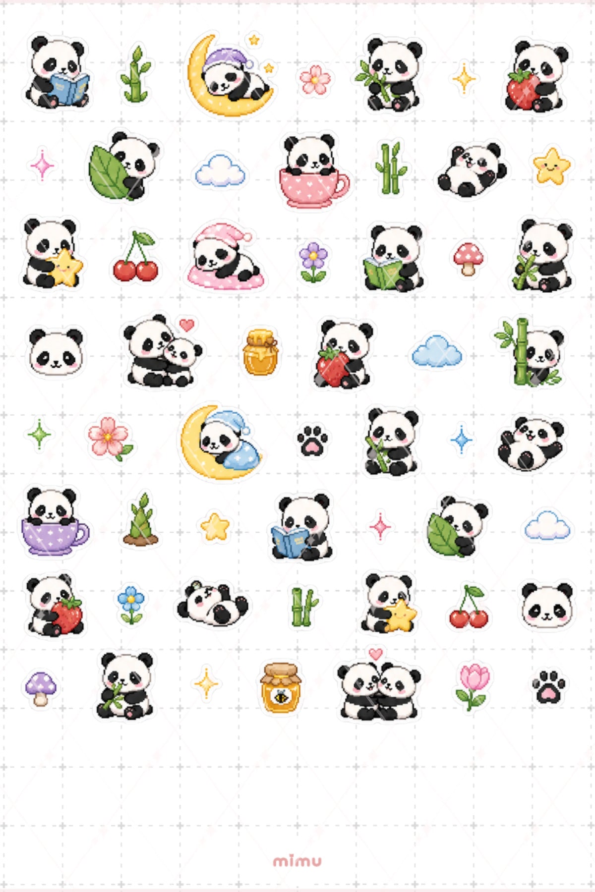 Pixel Art Panda Sticker Seti Siyah Beyaz Hayvan Temalı Dekoratif 2'li Etiket
