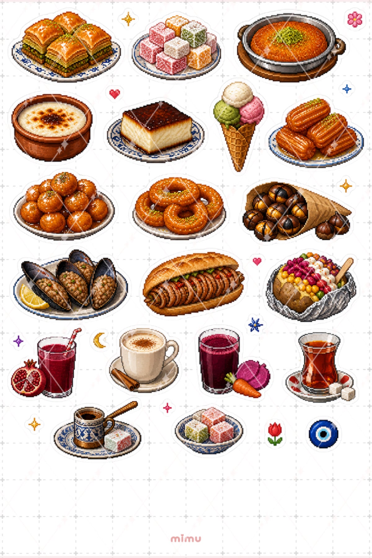 Pixel Art Türk Mutfağı Sticker Seti Geleneksel Yemek Temalı Dekoratif 2'li Etiket