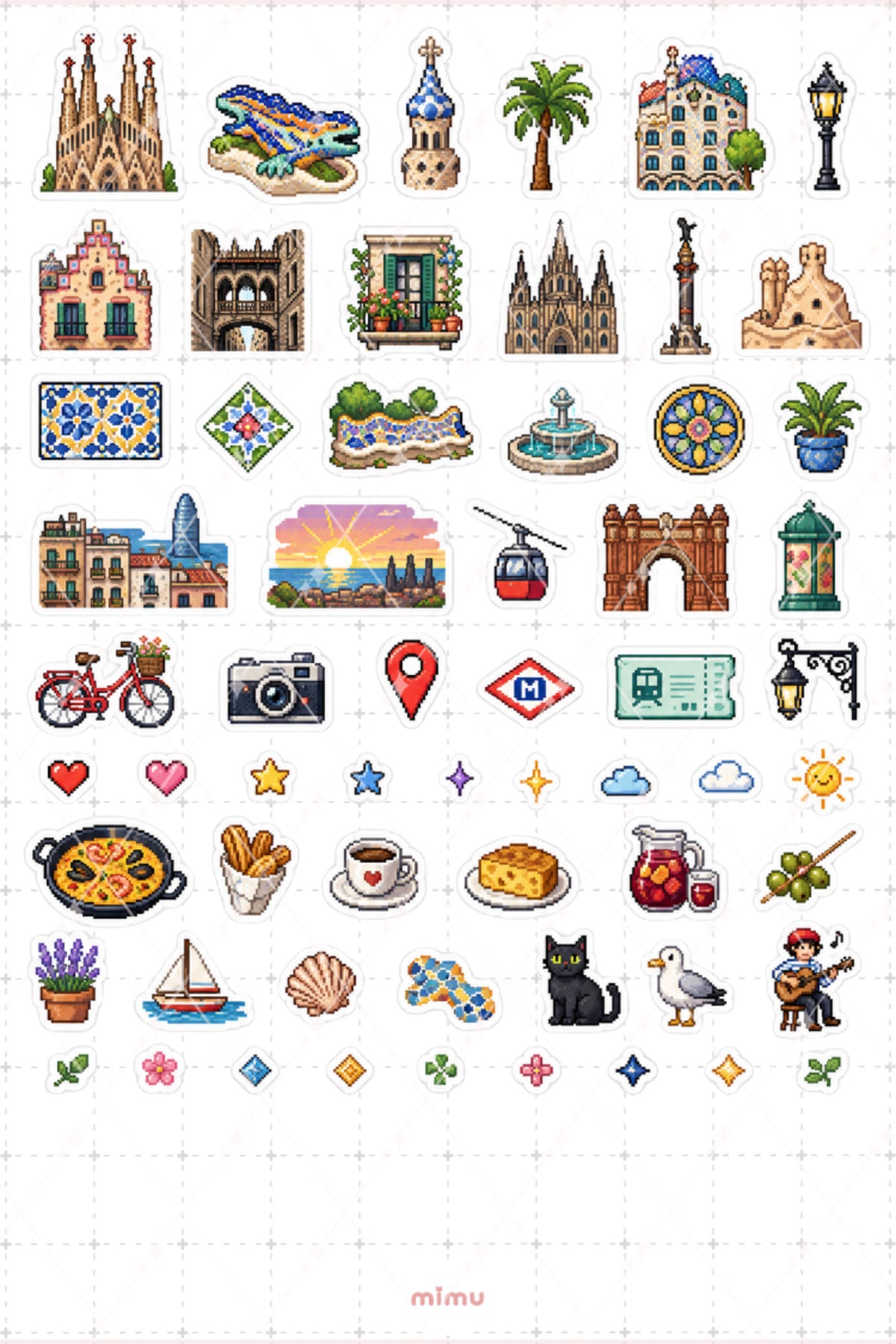 Pixel Art Barcelona Sticker Seti İspanya Şehir Temalı Dekoratif 2'li Etiket