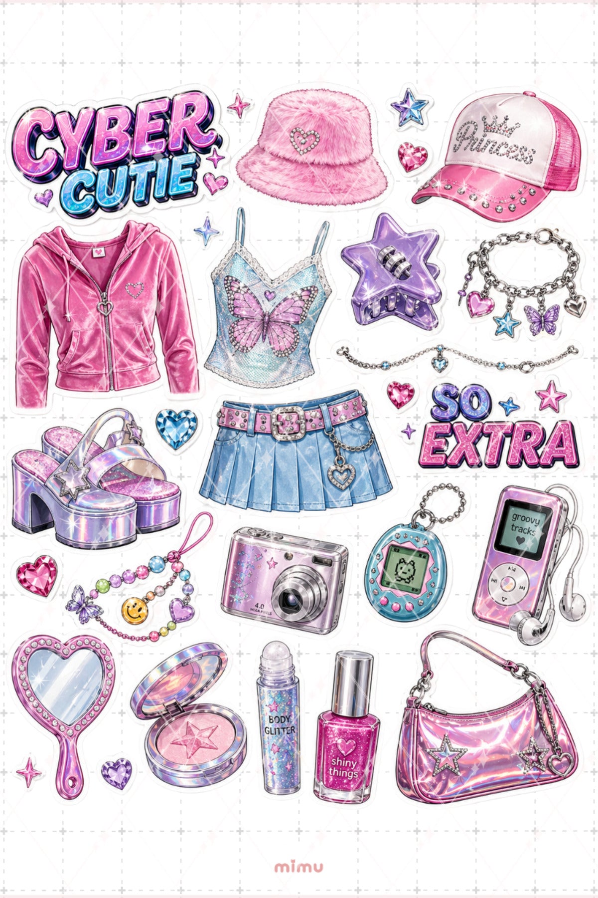 Y2K 2000ler Estetik Sticker Seti Retro Kolaj Pembe Kız Temalı 2li Etiket