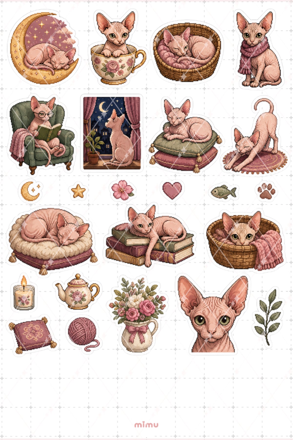 Pixel Art Sphynx Kedi Sticker Seti Tüysüz Irk Kedi Temalı Dekoratif 2'li Etiket