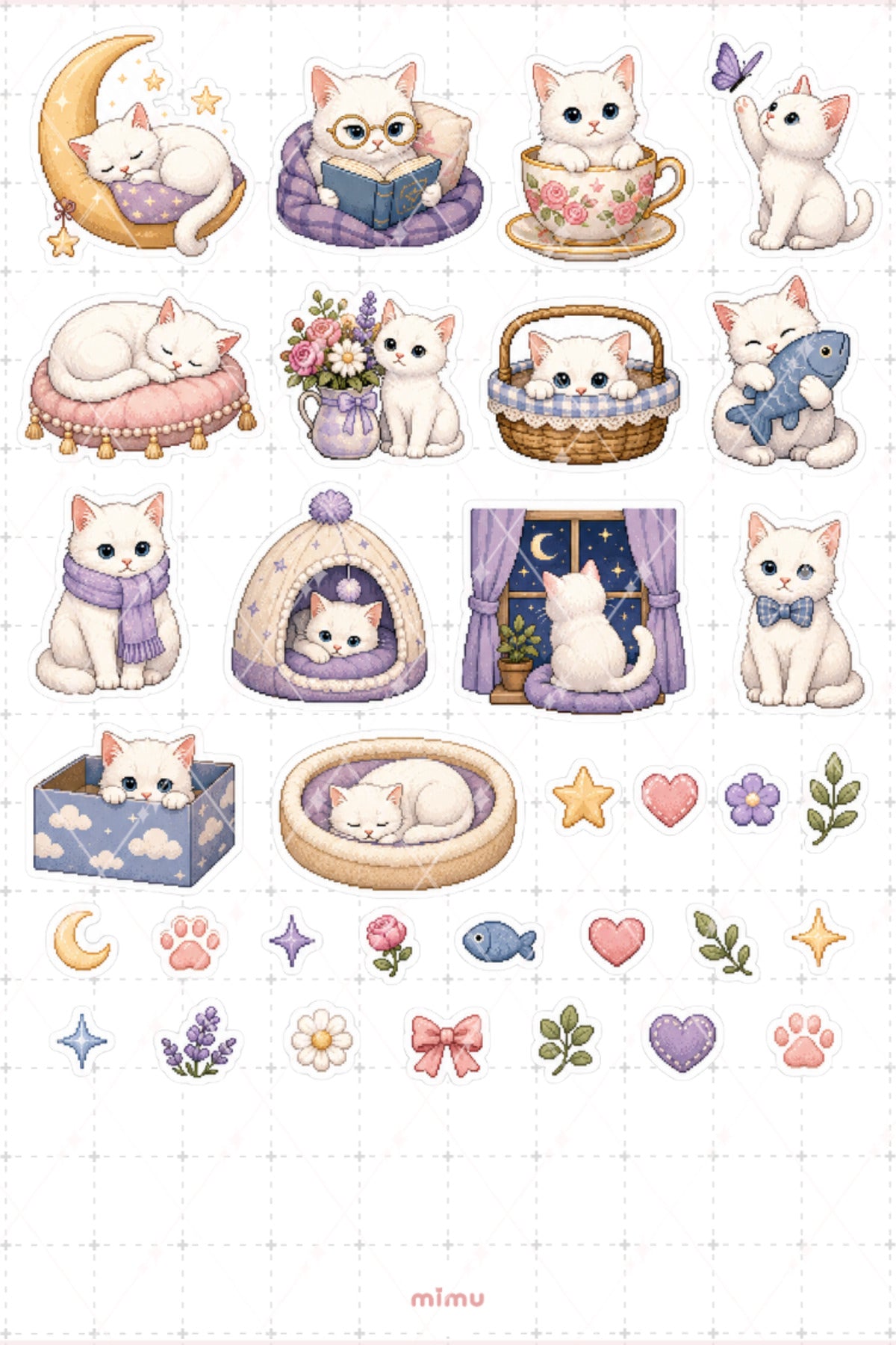 Pixel Art Beyaz Kedi Sticker Seti White Cat Patili Dost Temalı Dekoratif 2'li Etiket