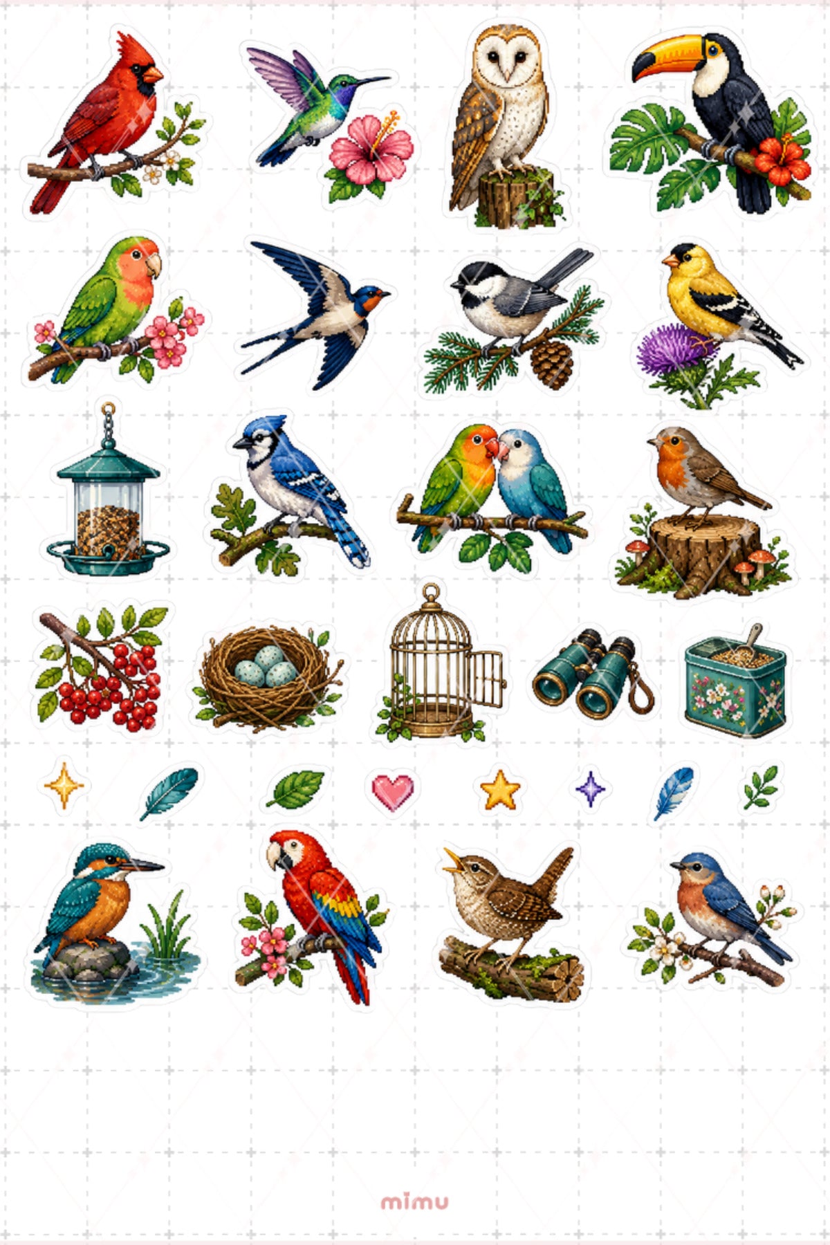 Pixel Art Kuş Sticker Seti Doğa ve Kanatlı Hayvan Temalı Dekoratif 2'li Etiket