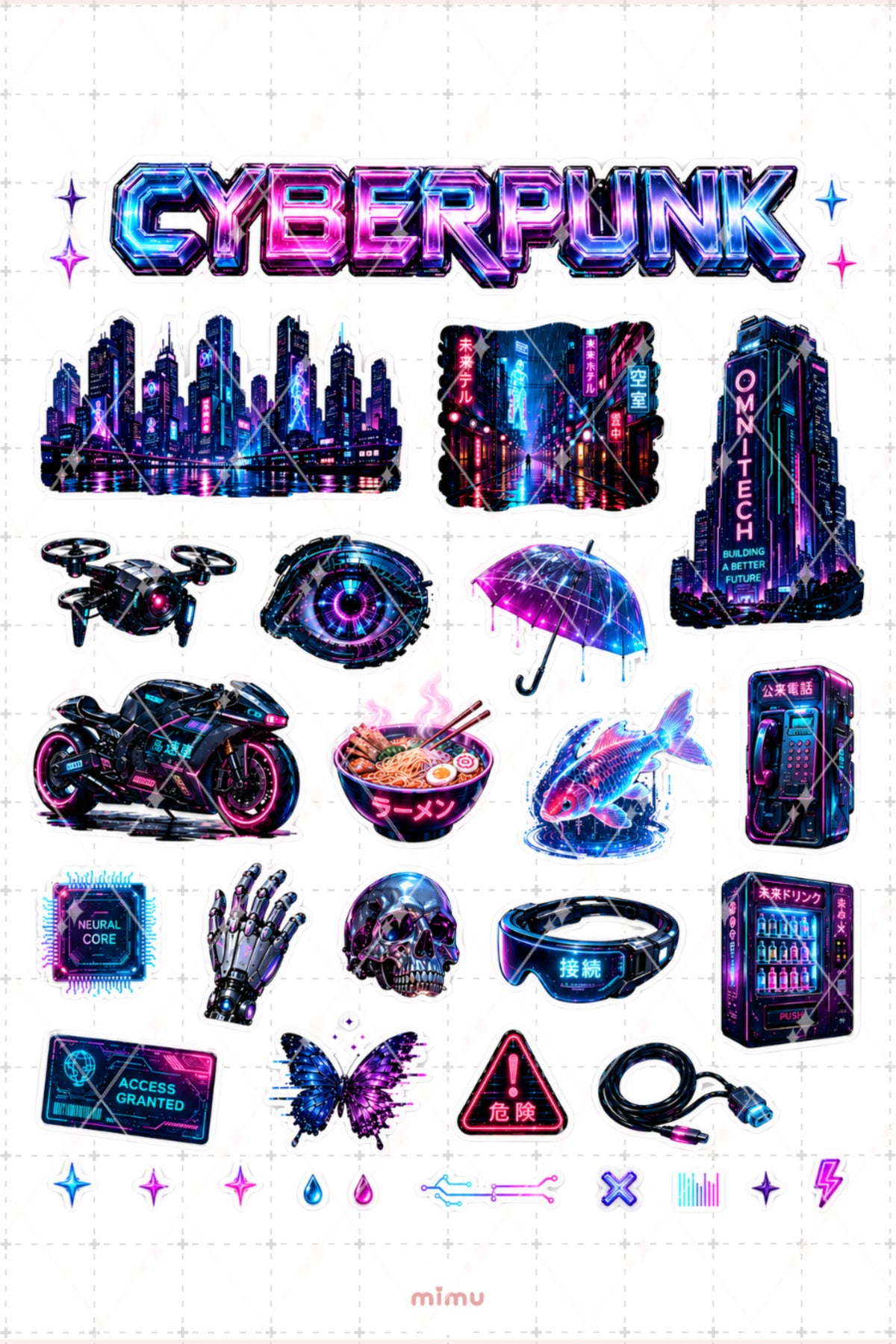 Cyberpunk Sticker Seti Neon Şehir Teknoloji Bilim Kurgu Temalı 2li Etiket