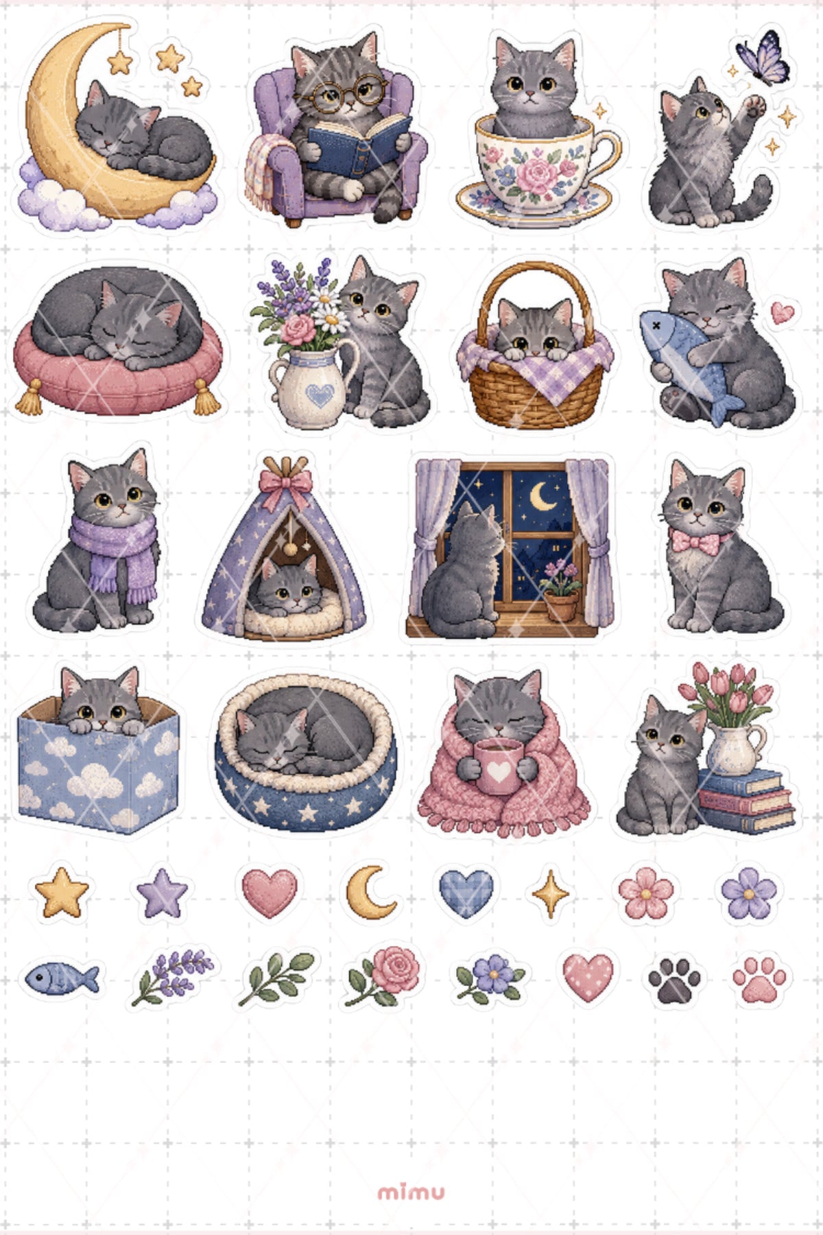Pixel Art Gri Kedi Sticker Seti Grey Cat Patili Dost Temalı Dekoratif 2'li Etiket