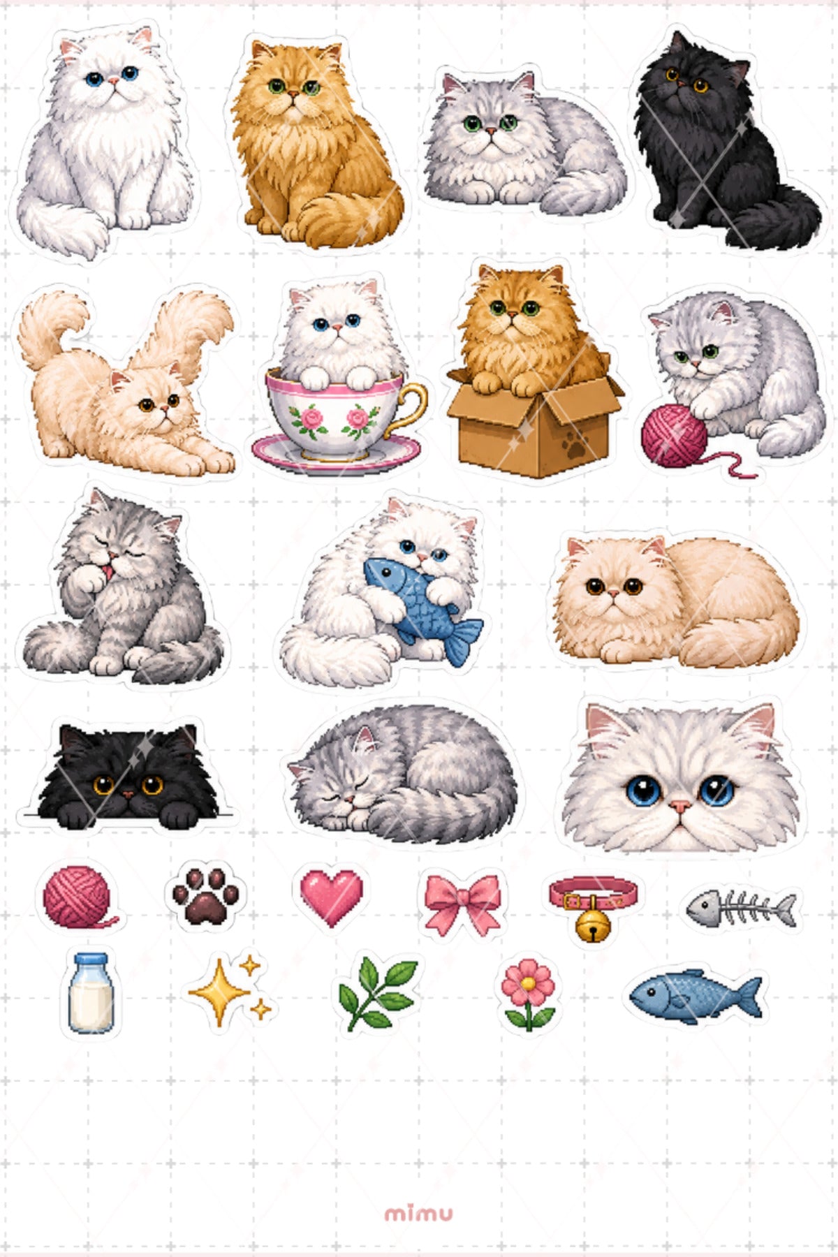 Pixel Art İran Kedisi Sticker Seti Persian Cat Irk Kedi Temalı Dekoratif 2'li Etiket