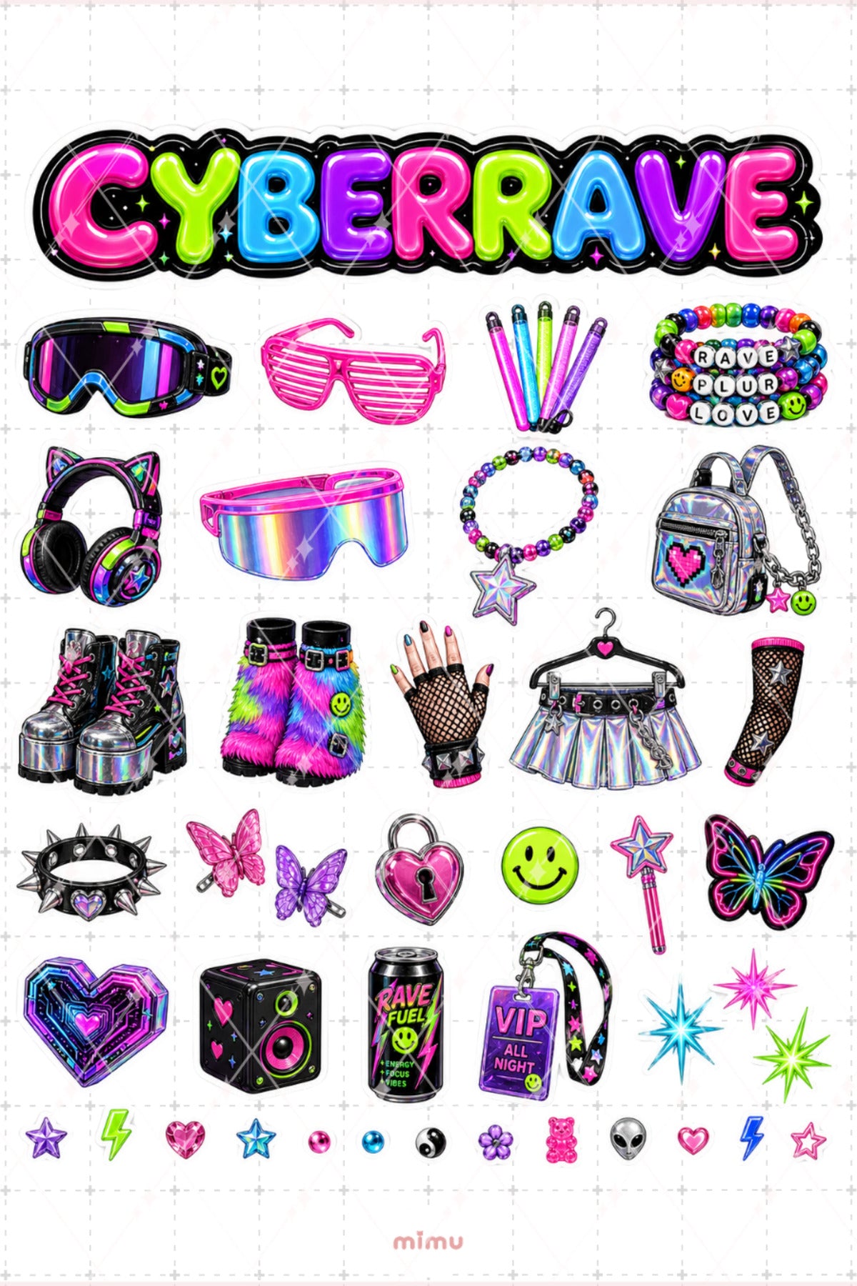 Cyberrave Sticker Seti Neon Renkli Rave Parti Estetiği 2li Etiket