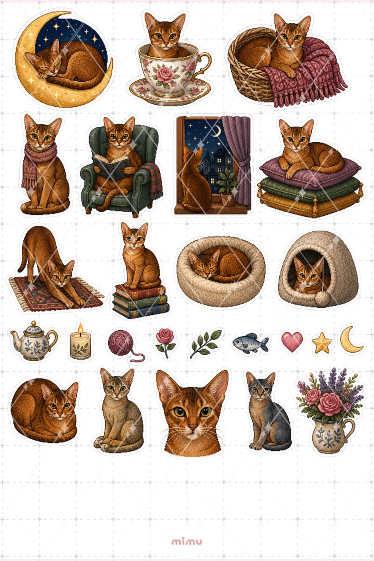 Pixel Art Abyssinian Kedi Sticker Seti Irk Kedi Temalı Dekoratif 2'li Etiket