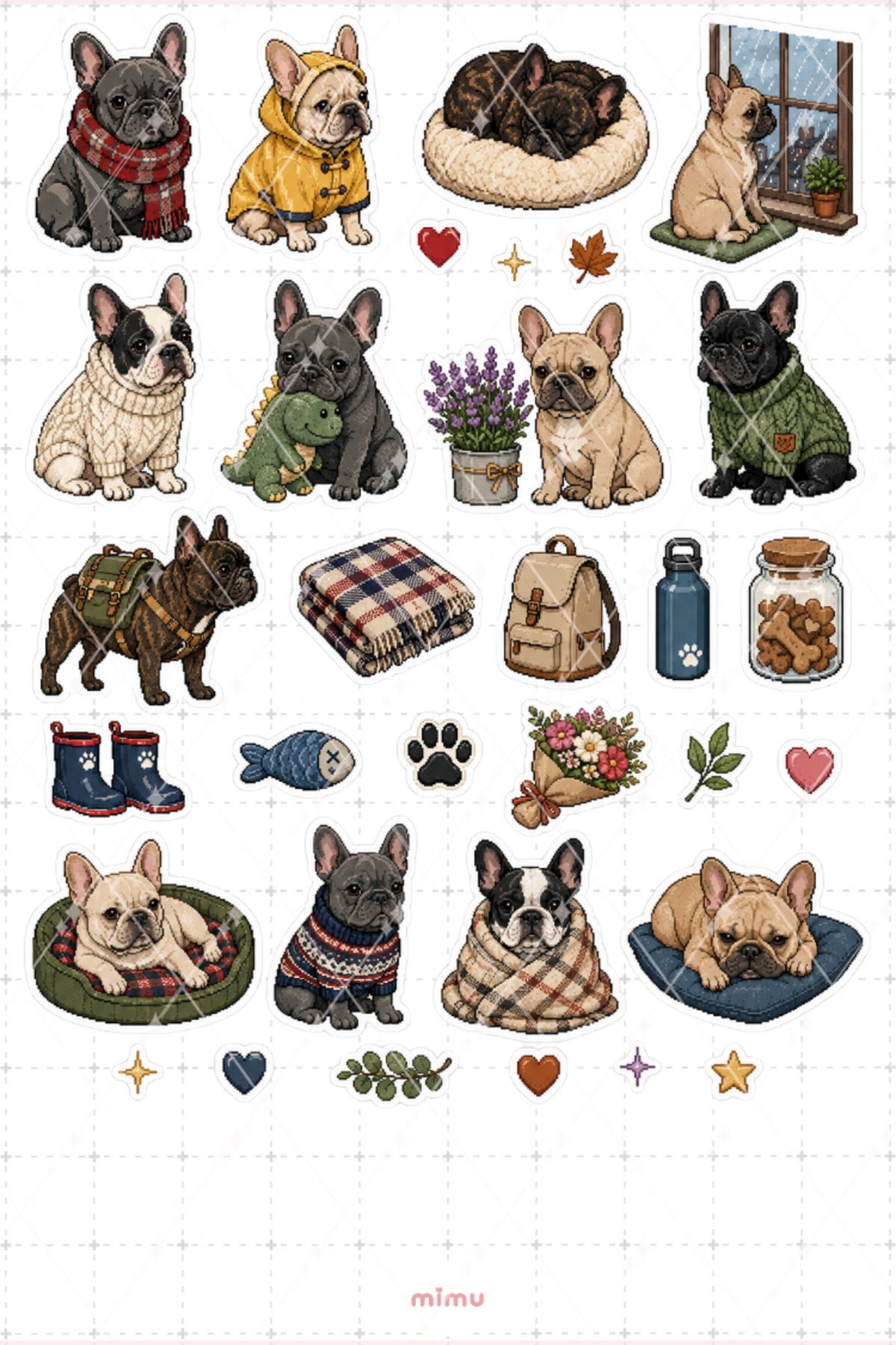 Pixel Art French Bulldog Sticker Seti Fransız Bulldog Temalı Dekoratif 2'li Etiket