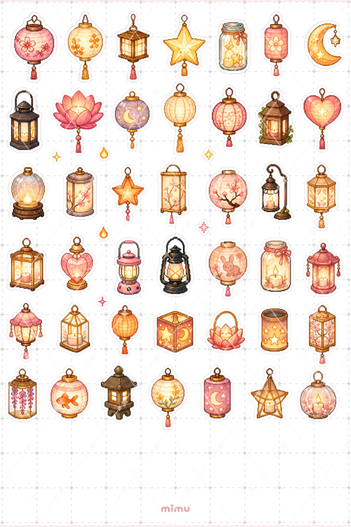 Pixel Art Fener Sticker Seti Lantern Işık ve Gece Temalı Dekoratif 2'li Etiket - 2