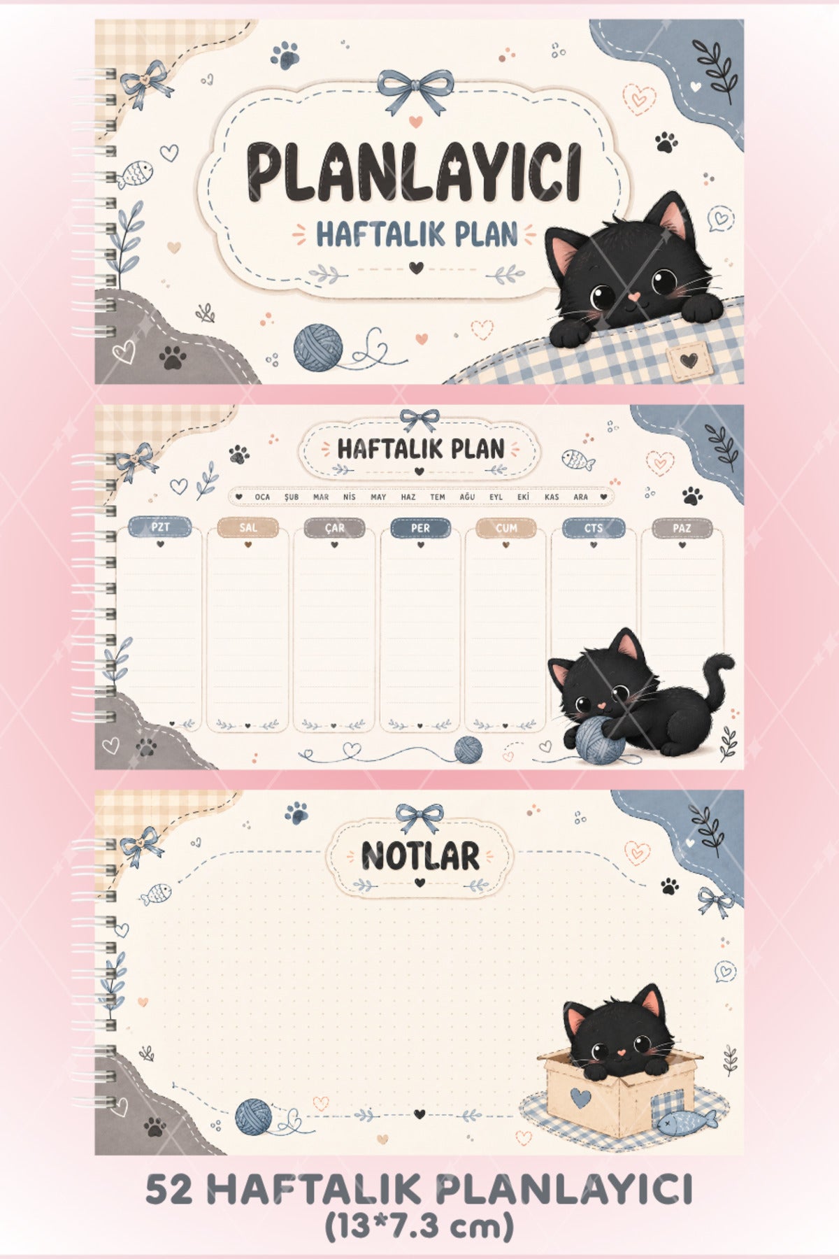 Siyah Kedi Haftalık Planlayıcı Spiralli Sert Kapak 52 Haftalık Not Sayfalı