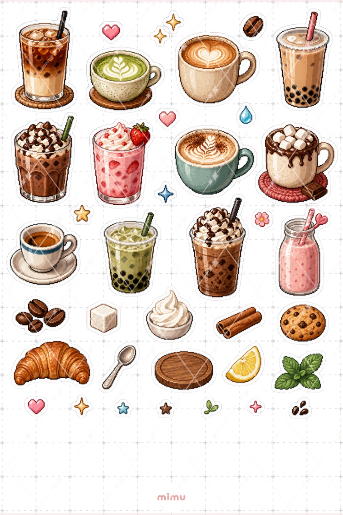 Pixel Art İçecek Sticker Seti Kahve Kokteyl ve Bardak Temalı Dekoratif 2'li Etiket