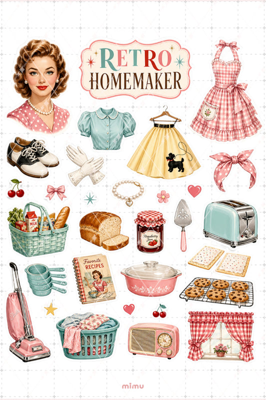 50s Housewife Sticker Seti Retro Ev Hanımı Mutfak Temalı 2li Dekoratif Etiket
