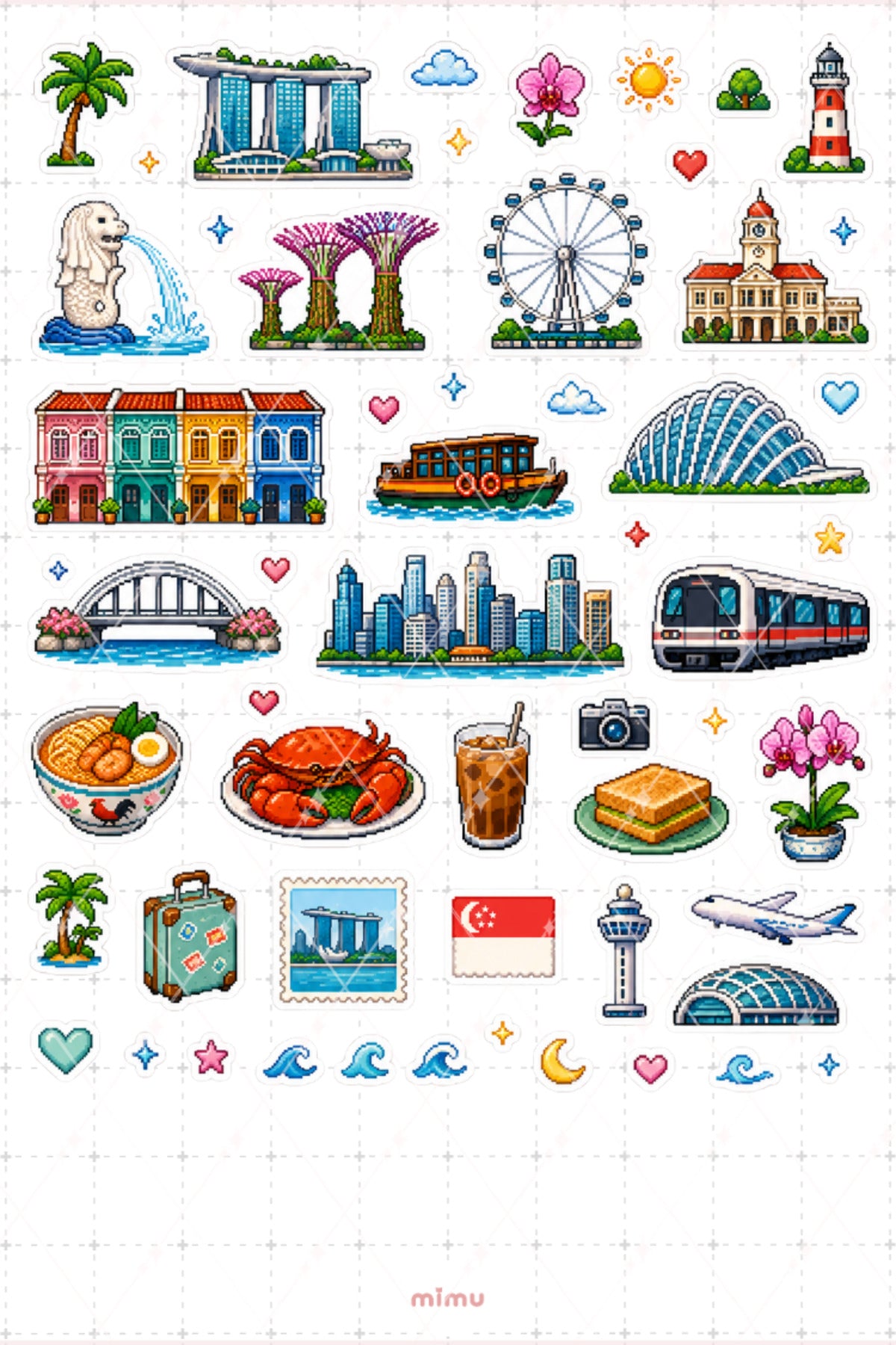 Pixel Art Singapur Sticker Seti Asya Şehir Temalı Dekoratif 2'li Etiket