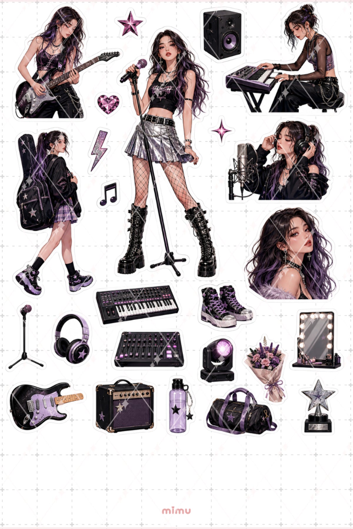 Müzisyen Kız Sticker Seti Şarkıcı Gitar Temalı Dekoratif 2'li Etiket