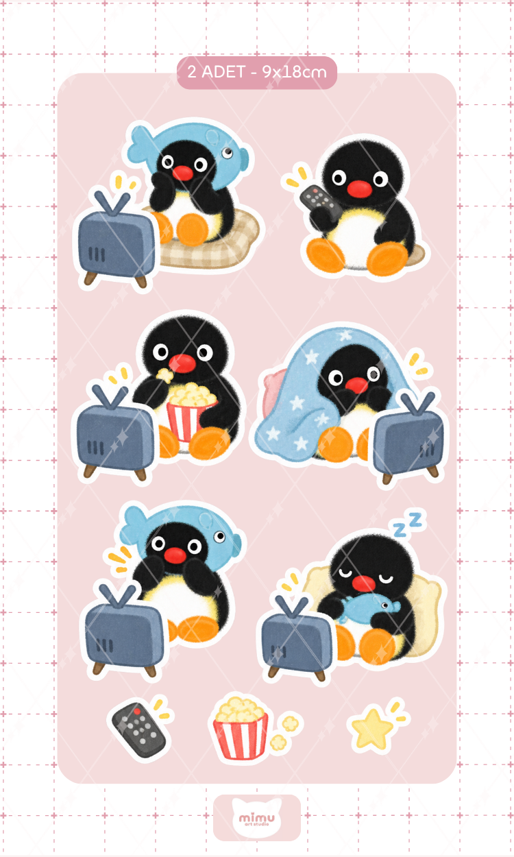 Pingu Televizyon Keyfi Sticker Seti Evde Cozy Gün Temalı Dekoratif Etiket 2 Adet