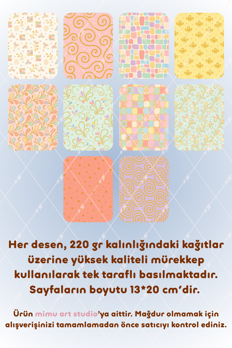 Pastel Mozaik Spiral Çiçek Desenli Kağıt Seti Scrapbook Kağıdı (220 gr) Ajanda Günlük Kolaj Junk Journal Bullet Journal Kağıtları