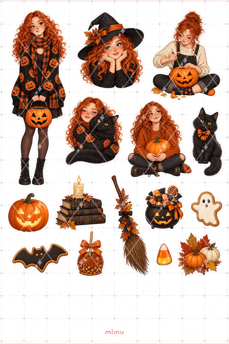 Cadılar Bayramı Kutlayan Kızıl Saçlı Kız Sticker Seti Halloween Temalı Dekoratif 2'li Etiket - 2