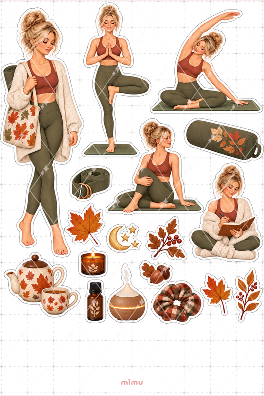 Sarı Saçlı Kız Sonbahar Yogası Sticker Seti Yoga Temalı Dekoratif 2'li Etiket - 2