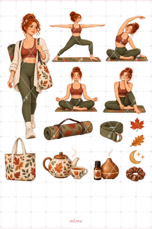 Kızıl Saçlı Kız Sonbahar Yogası Sticker Seti Yoga Temalı Dekoratif 2'li Etiket - 2