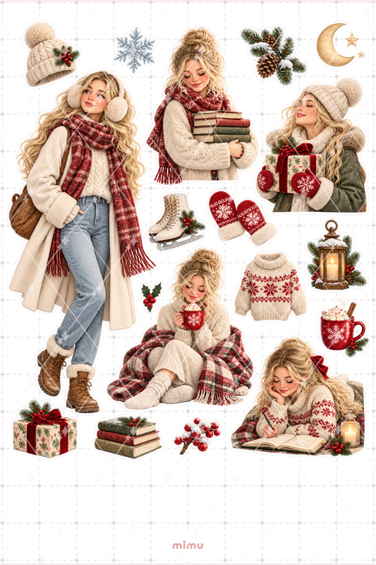 Sarı Saçlı Kış Kızı Sticker Seti Cozy Kış Temalı Dekoratif 2'li Etiket - 2