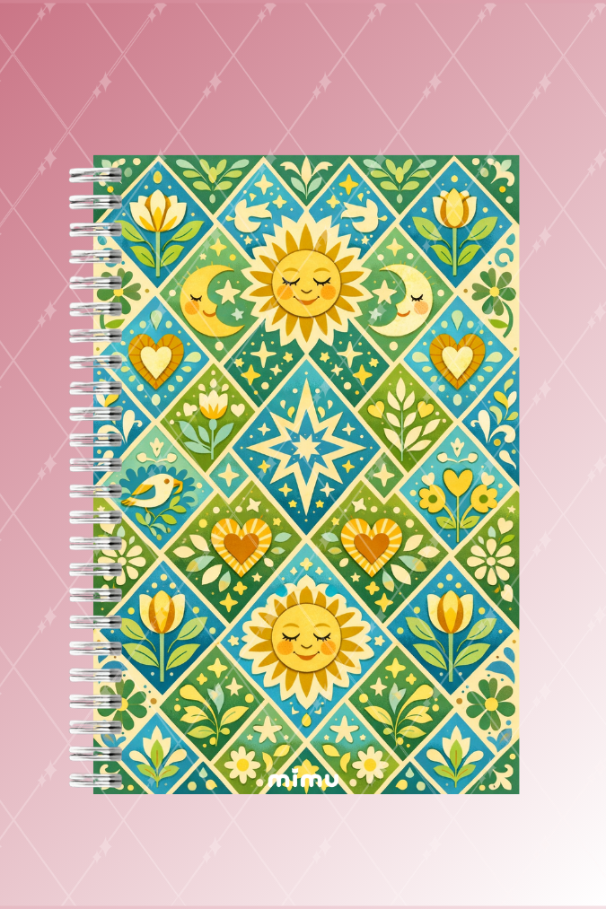 Güneş Ay Motifli Spiral Defter Seti Yeşil Mavi Çiçek Desenli 2li A5 Kalın Kapak Not Defteri