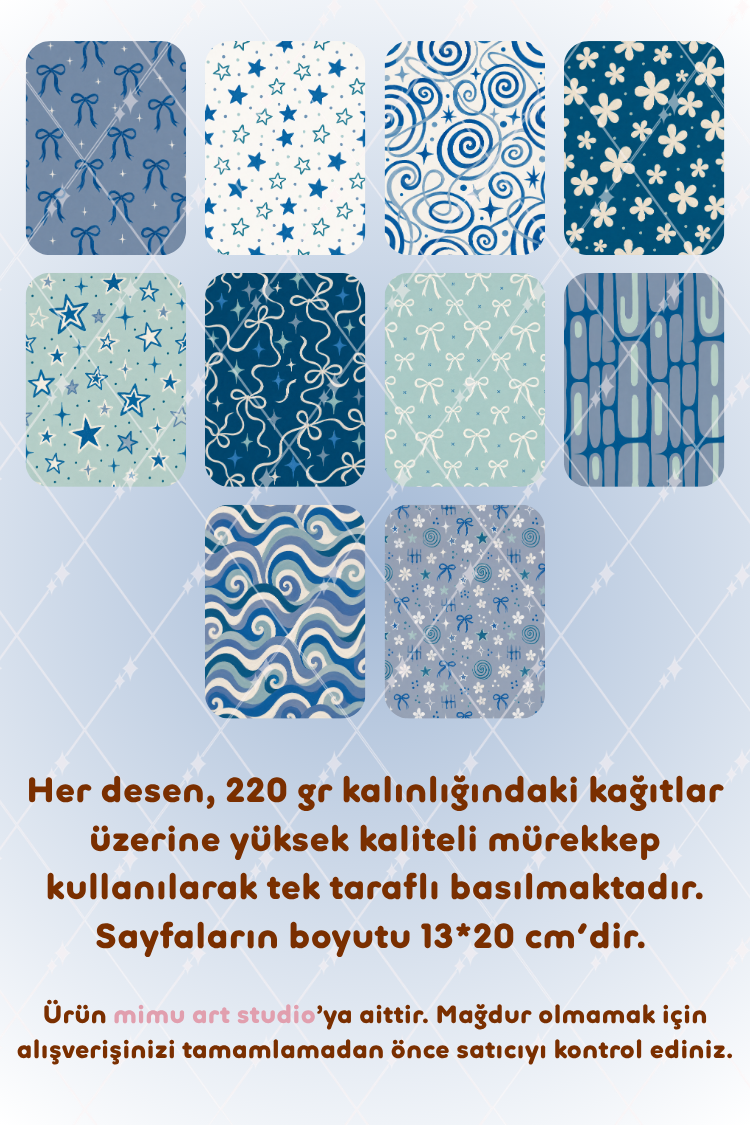 Mavi Fiyonk Yıldız Çiçek Spiral Desenli Kağıt Seti Scrapbook Kağıdı (220 gr) Ajanda Günlük Kolaj Junk Journal Bullet Journal Kağıtları