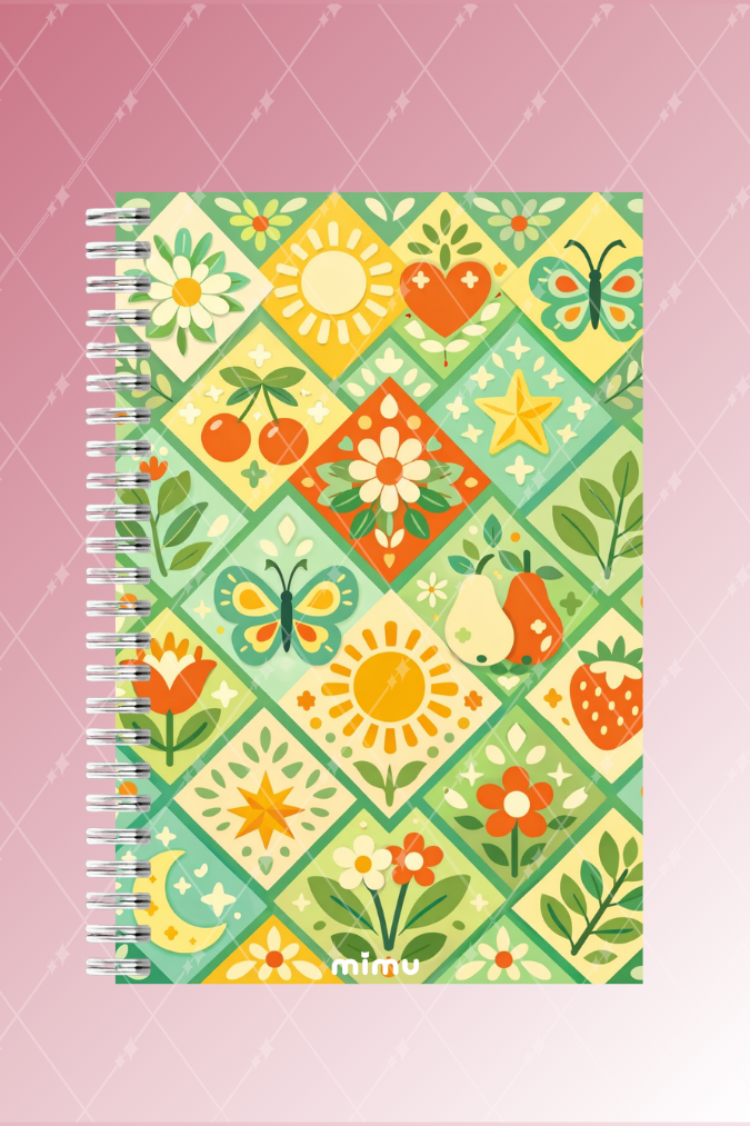 Güneş Meyve Motifli Spiral Defter Seti Yeşil Çiçek Desenli 2li A5 Kalın Kapak Not Defteri