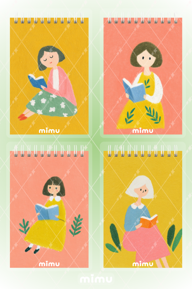 Kitap Okuyan Kadın Defter Seti Kadın Figürlü İllüstrasyonlu 4lü Spiralli Çizgisiz Notebook