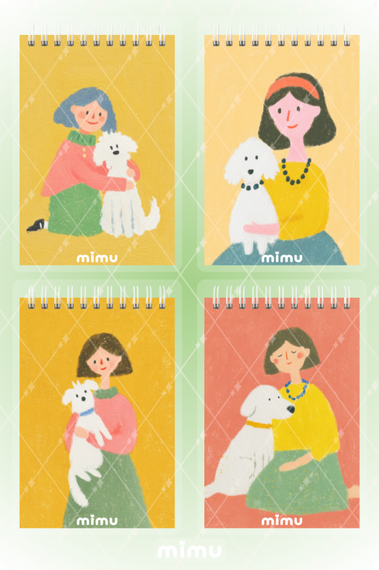 Köpekli Kadın Defter Seti Kadın Köpek İllüstrasyonlu 4lü Spiralli Çizgisiz Notebook