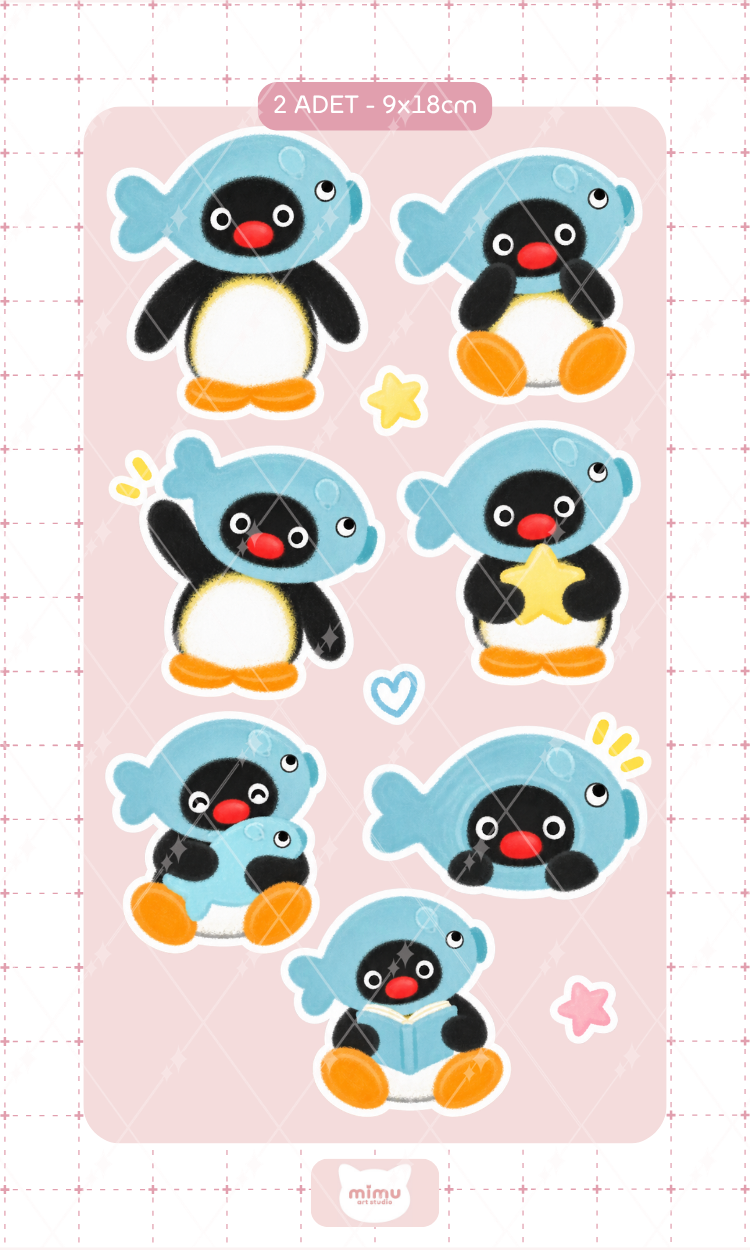 Pingu Mavi Kapüşonlu Kış Sticker Seti Sevimli Penguen Dekoratif Etiket 2 Adet