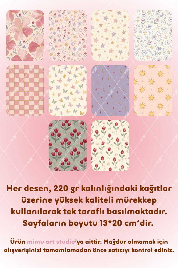 Çiçek Lale Kelebek Güneş Ay Yıldız Desenli Kağıt Seti Scrapbook Kağıdı (220 gr) Ajanda Günlük Kolaj Junk Journal Bullet Journal Kağıtları