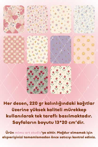 Çiçek Lale Kelebek Güneş Ay Yıldız Desenli Kağıt Seti Scrapbook Kağıdı (220 gr) Ajanda Günlük Kolaj Junk Journal Bullet Journal Kağıtları