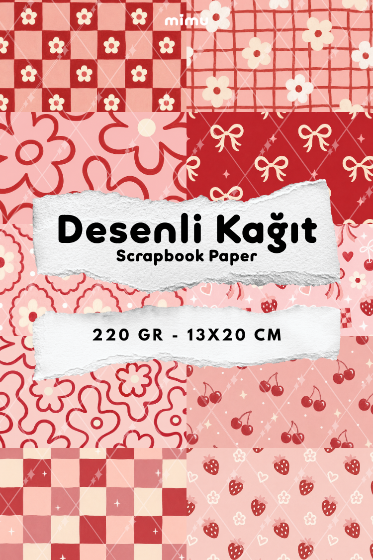 Kiraz Çilek Çiçek Fiyonk Ekose Desenli Kağıt Seti Scrapbook Kağıdı (220 gr) Ajanda Günlük Kolaj Junk Journal Bullet Journal Kağıtları