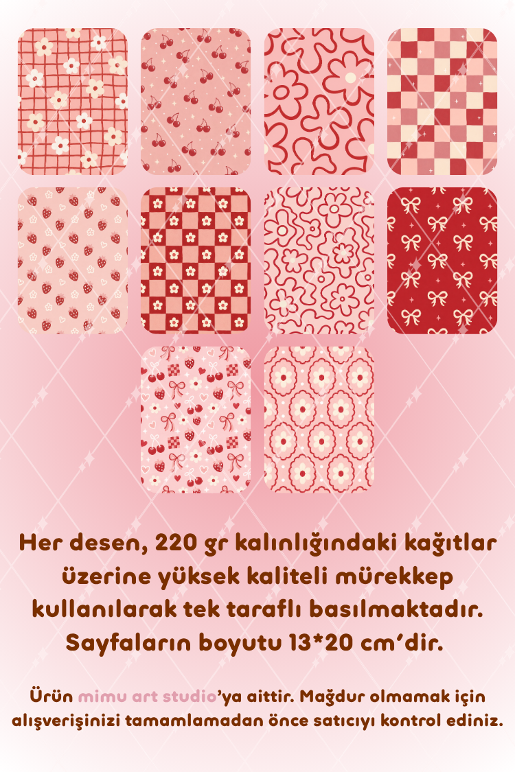 Kiraz Çilek Çiçek Fiyonk Ekose Desenli Kağıt Seti Scrapbook Kağıdı (220 gr) Ajanda Günlük Kolaj Junk Journal Bullet Journal Kağıtları