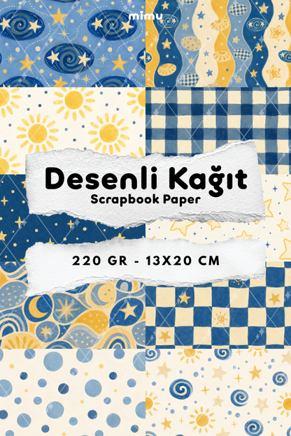 Galaksi Güneş Ay Yıldız Ekose Desenli Kağıt Seti Scrapbook Kağıdı (220 gr) Ajanda Günlük Kolaj Junk Journal Bullet Journal Kağıtları