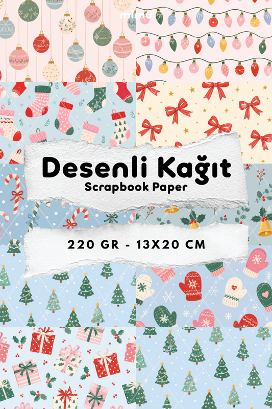 Yılbaşı Süsü Işık Çorap Fiyonk Hediye Noel Desenli Kağıt Seti Scrapbook Kağıdı (220 gr) Ajanda Günlük Kolaj Junk Journal Bullet Journal Kağıtları