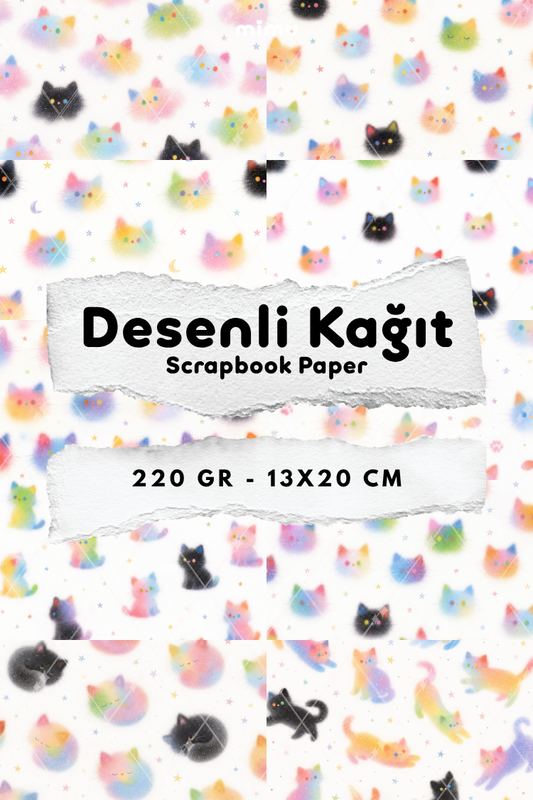 Gökkuşağı Renkli Kedi Desenli Kağıt Seti Scrapbook Kağıdı (220 gr) Ajanda Günlük Kolaj Junk Journal Bullet Journal Kağıtları