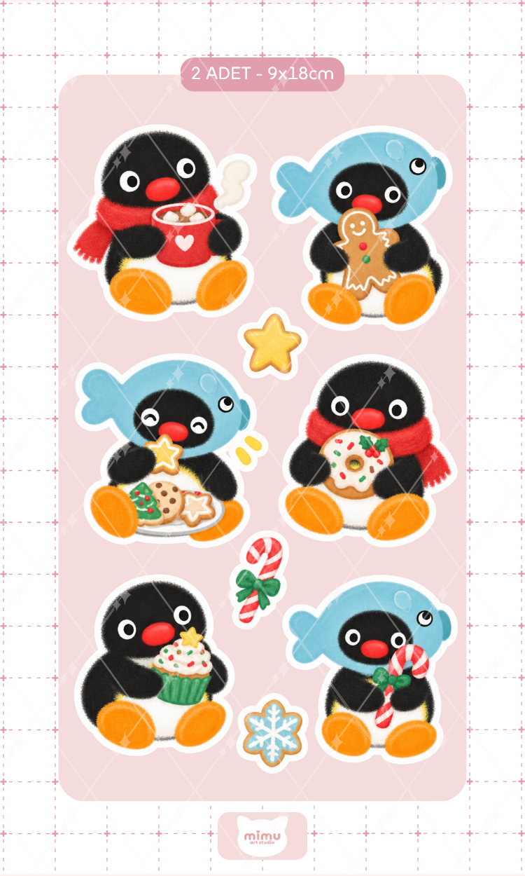 Pingu Sıcak İçecek Keyfi Sticker Seti Kış Temalı Penguen Dekoratif Etiket 2 Adet