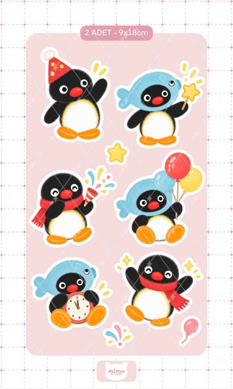 Pingu Doğum Günü Partisi Sticker Seti Kutlama Temalı Penguen Dekoratif Etiket 2 Adet